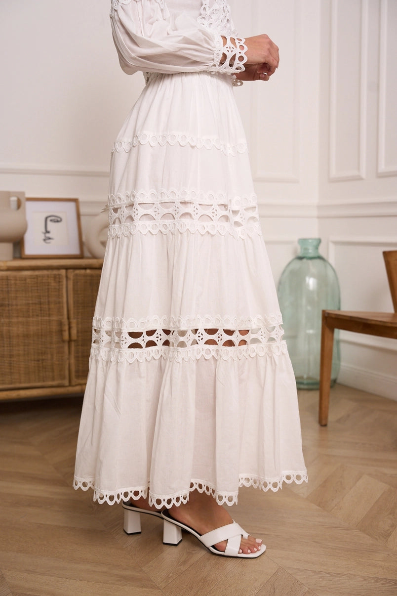 Isla White Co-ord Set – Openwork Cotton Crop Top & Maxi Skirt