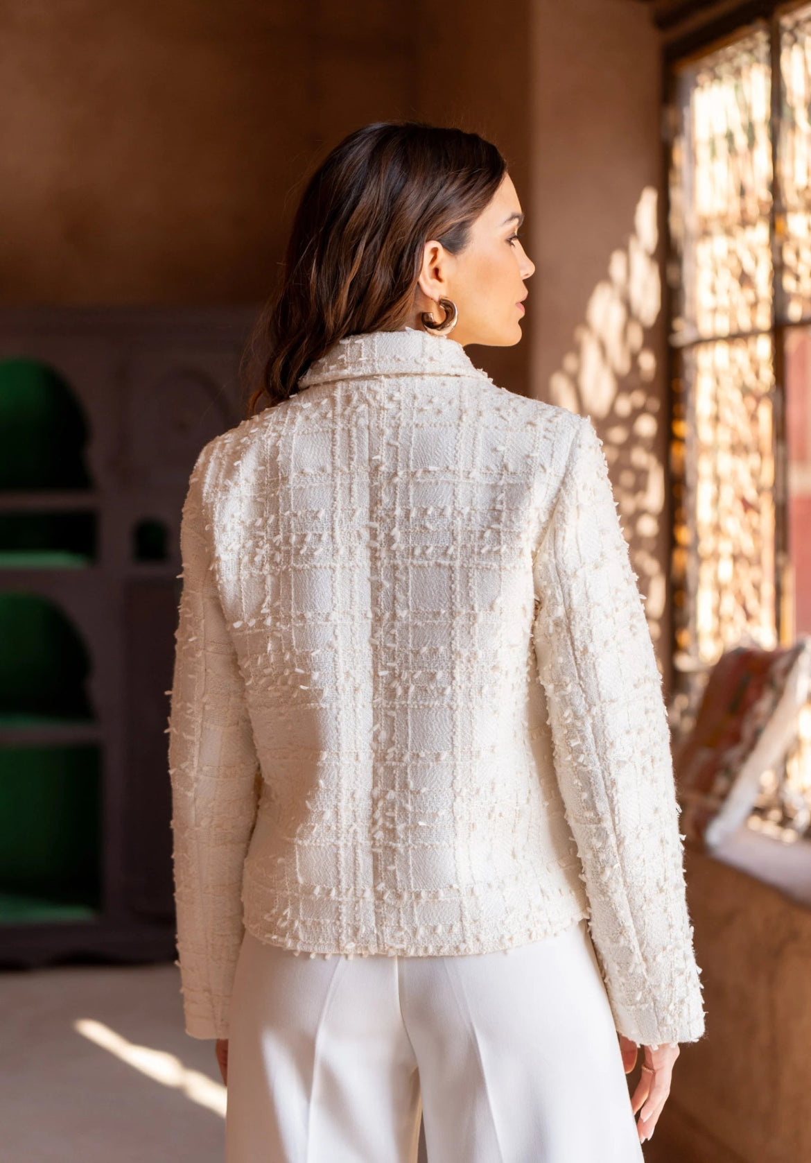 beige tweed blazer for women