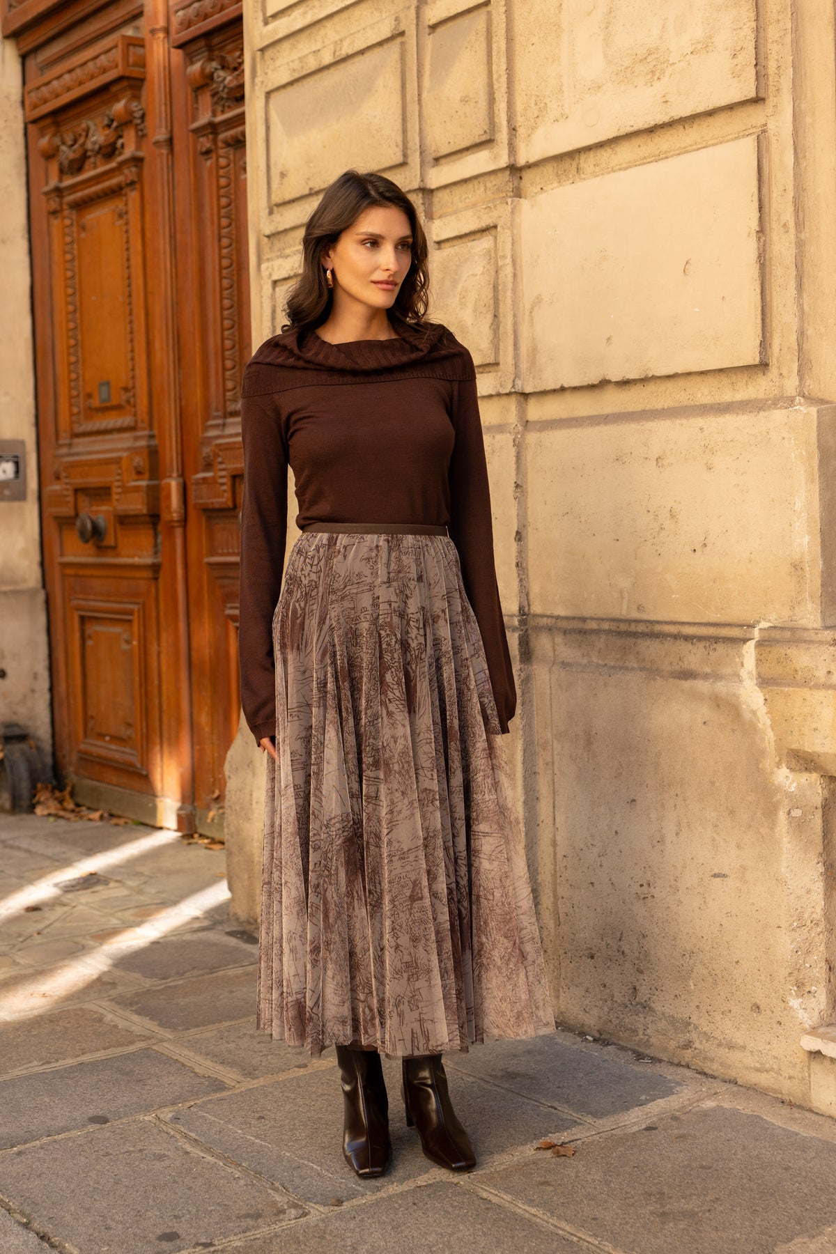Dark chocolate brown midi skirt in layered printed tulle with elegant full silhouette