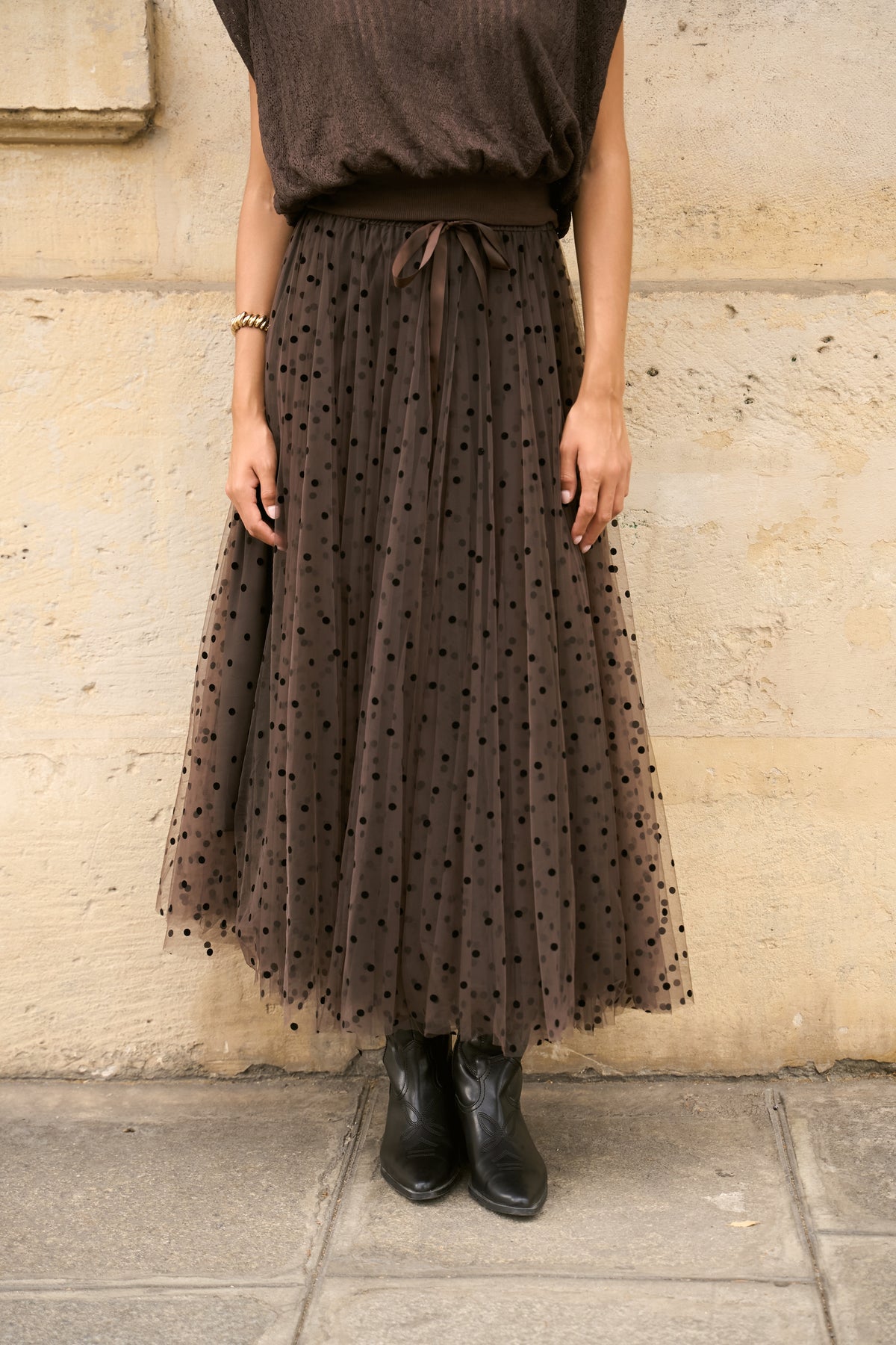 Brown polka dot tulle midi skirt with black flocked dots and satin tie waist