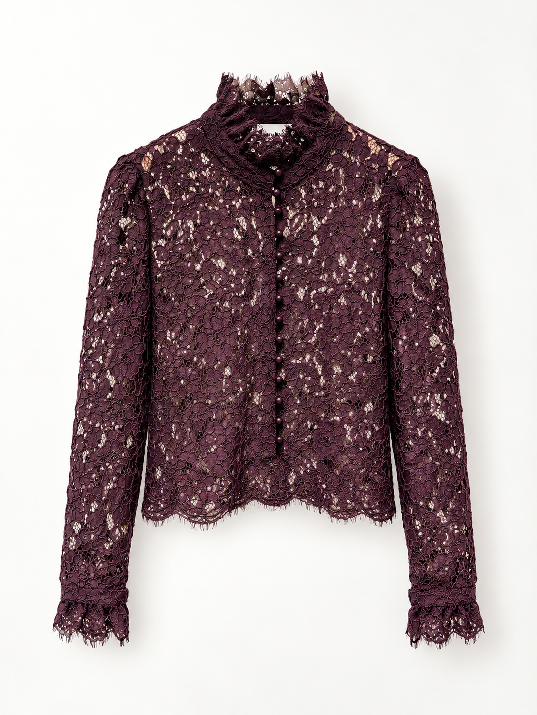 Women’s burgundy floral lace blouse with high neckline and scalloped trim