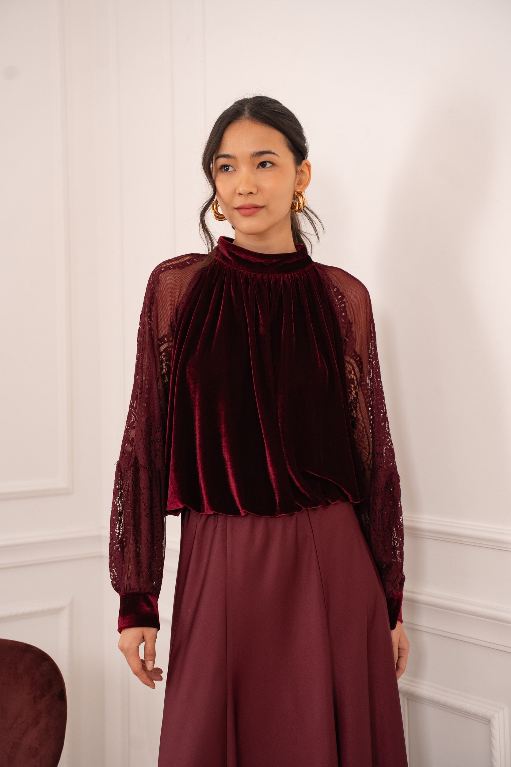 Wine velvet top with sheer lace sleeves - elegant occasion wear blouse for women