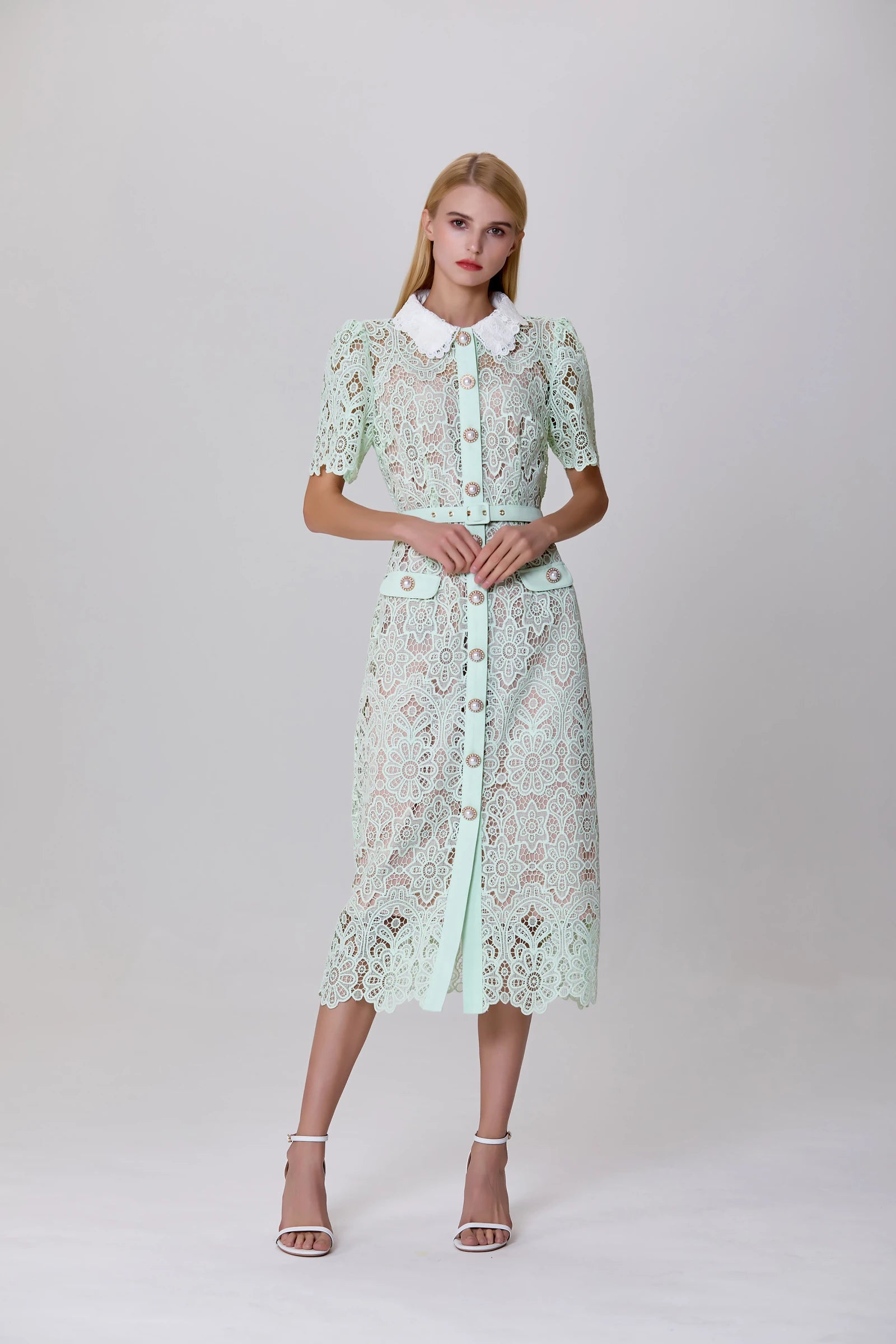 belted lace dress in mint green with feminine vintage details