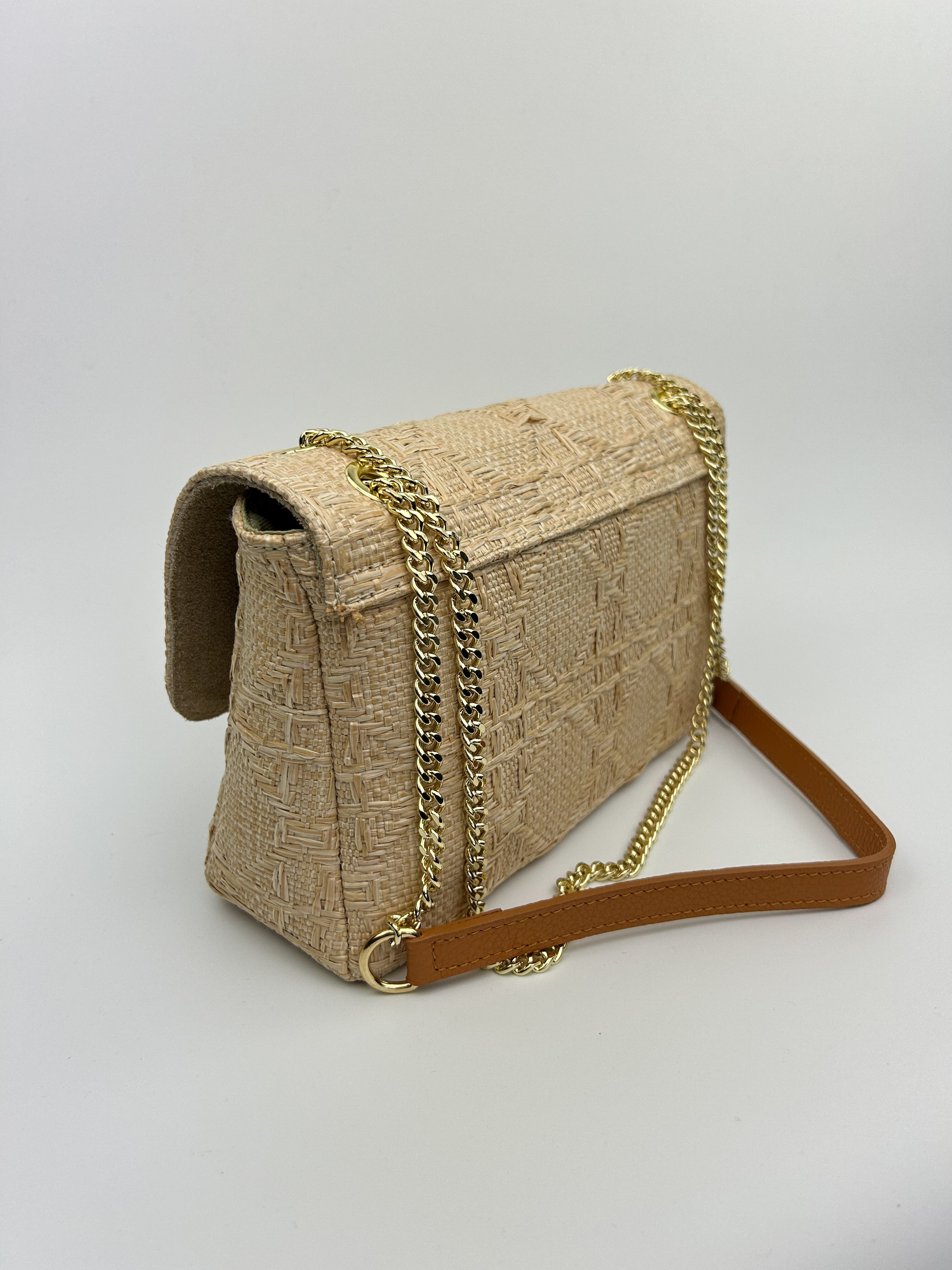 Emma Raffia & Leather Shoulder Bag – Natural Texture, Gold Chain Strap