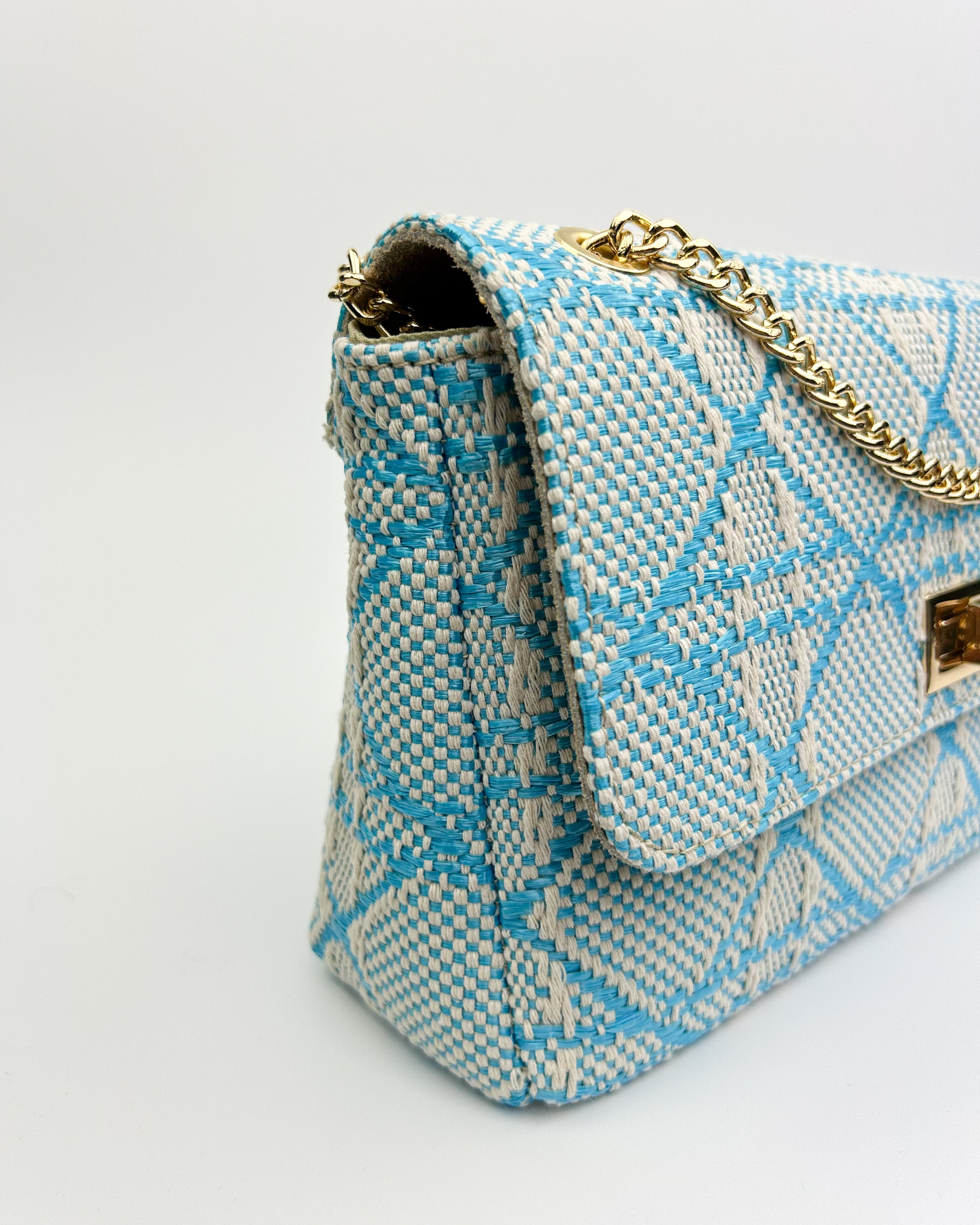 view of Emma blue bag showing leather lining