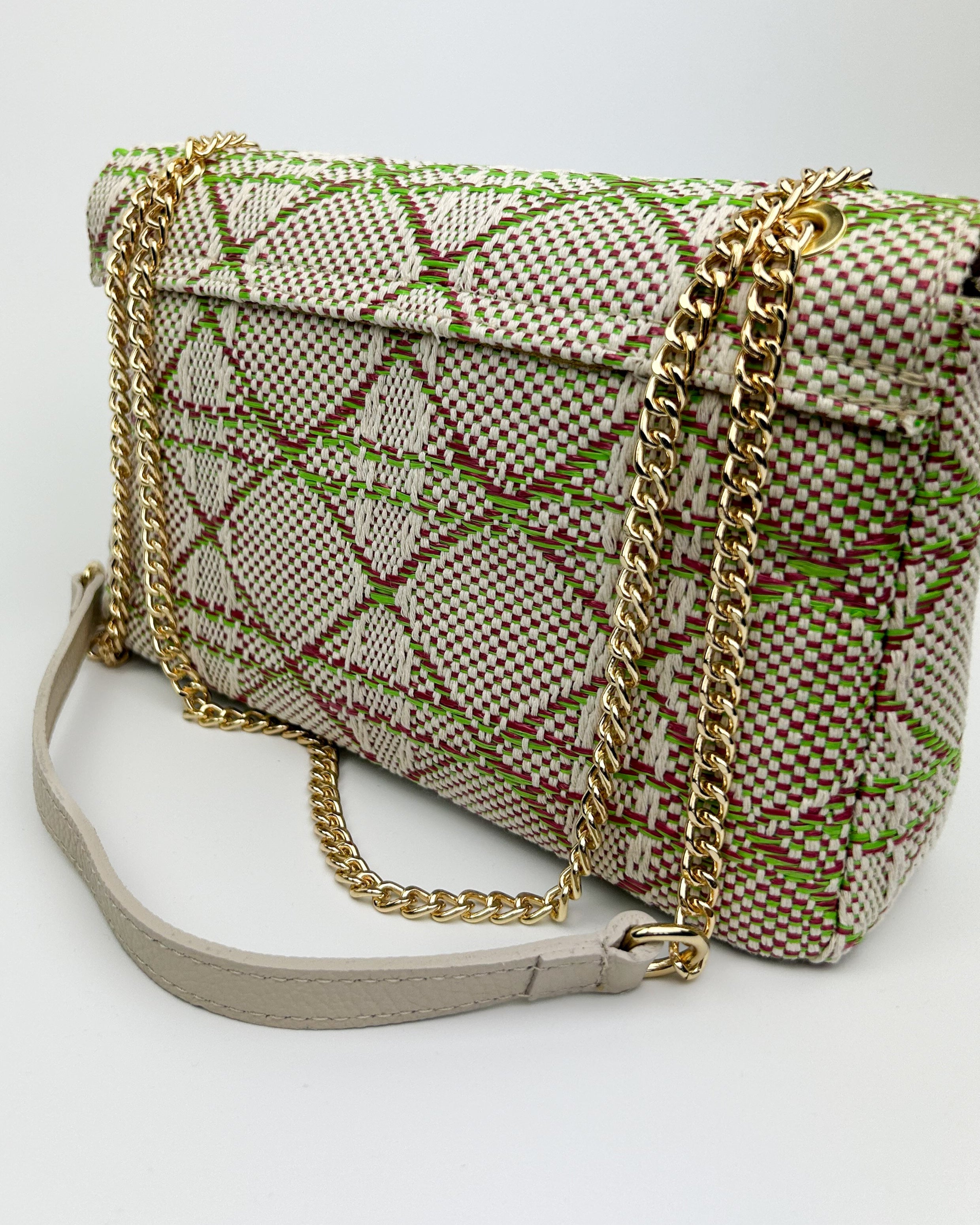 Back of Emma multicolour lime green leather and fabric handbag with gold hardware and structured silhouette