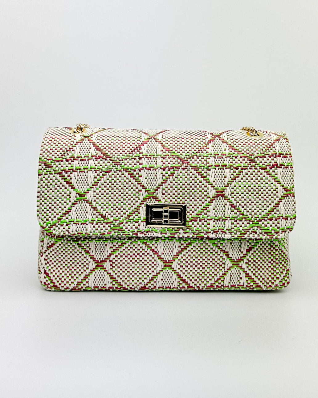 Front view of Emma multicolour lime green fabric and black leather shoulder bag with gold chain strap – made in Italy