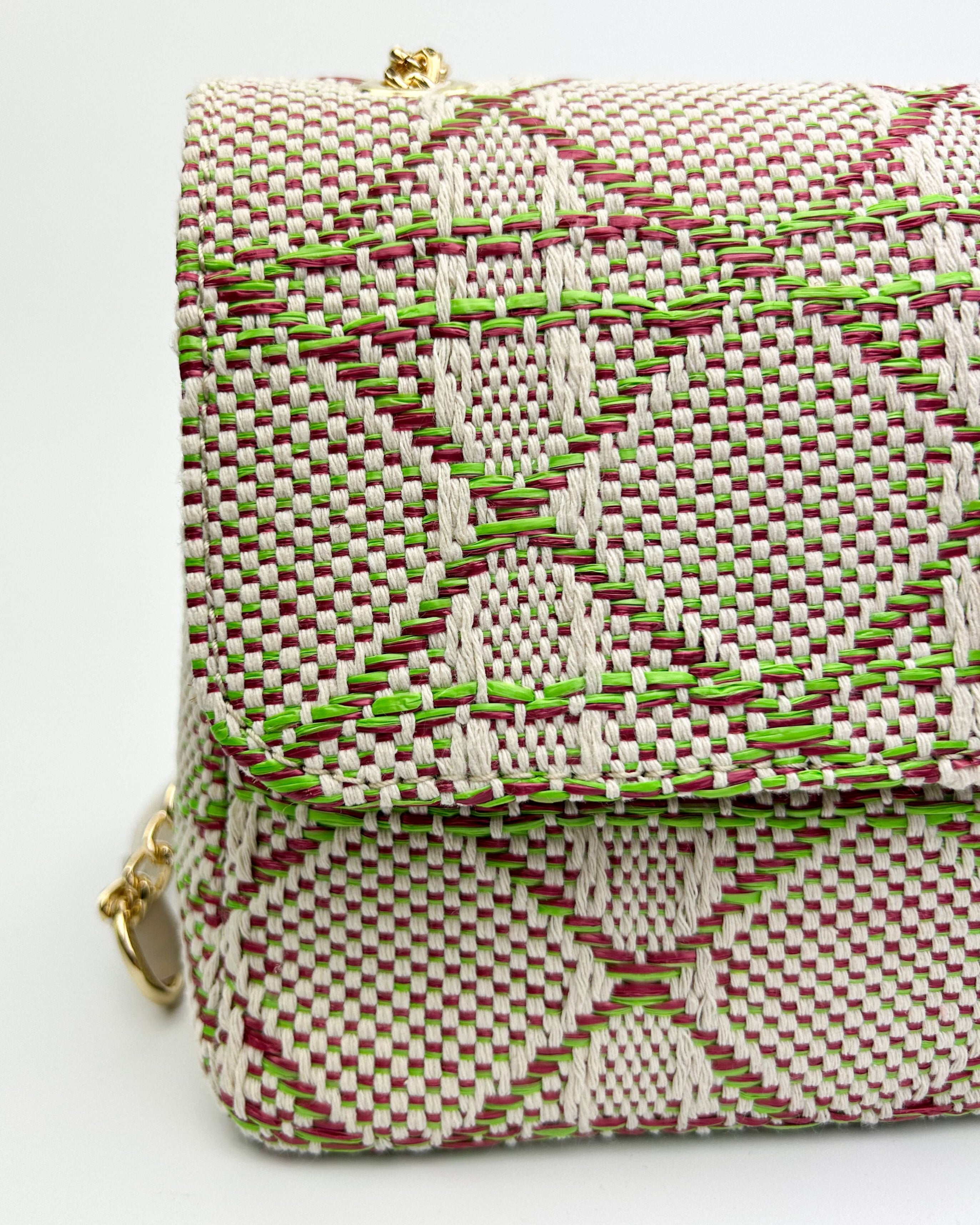 Close-up of textured woven fabric in lime green with smooth black leather trim and gold chain strap – Emma shoulder bag