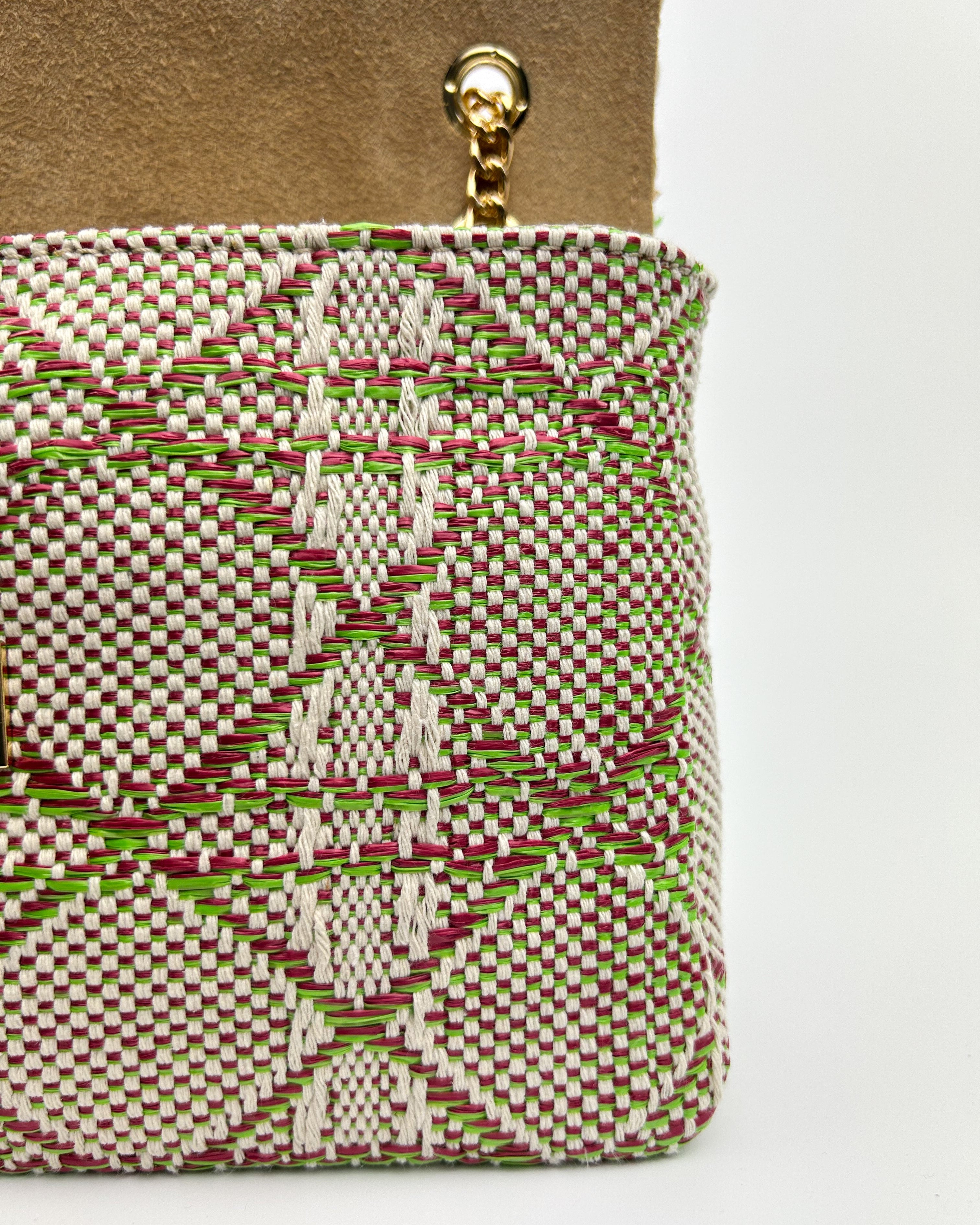 Textured lime green woven fabric with premium black leather contrast – handcrafted Italian handbag with chain strap