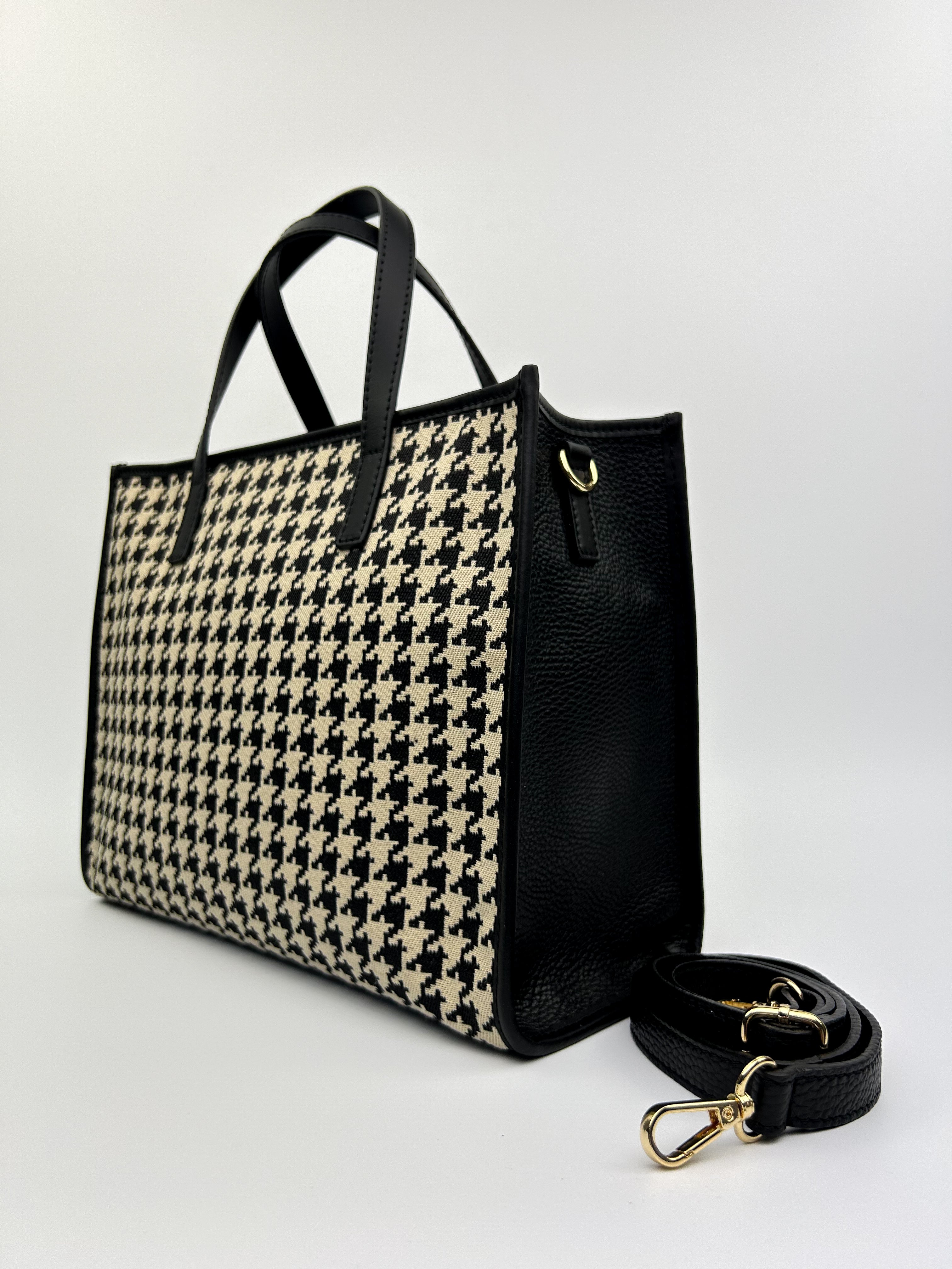 Monochrome Emma Tote featuring bold woven pattern and sleek leather accents