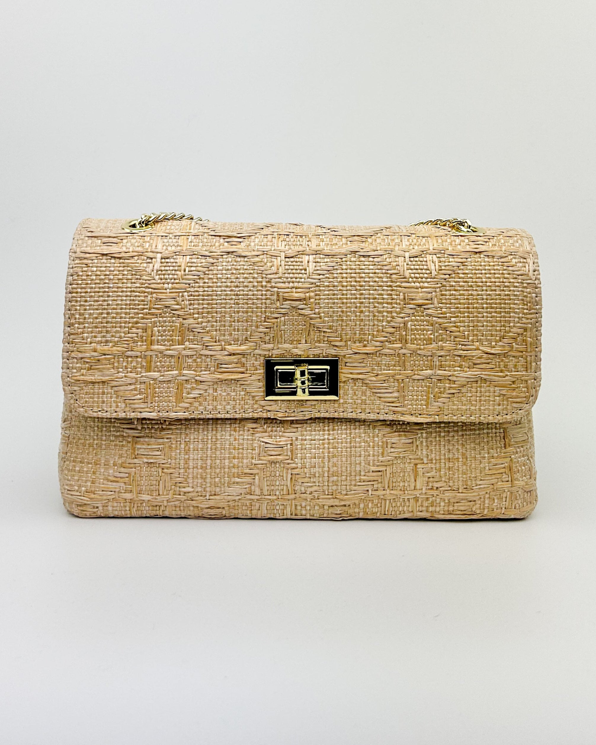 Emma raffia and leather shoulder bag with gold chain strap, natural texture