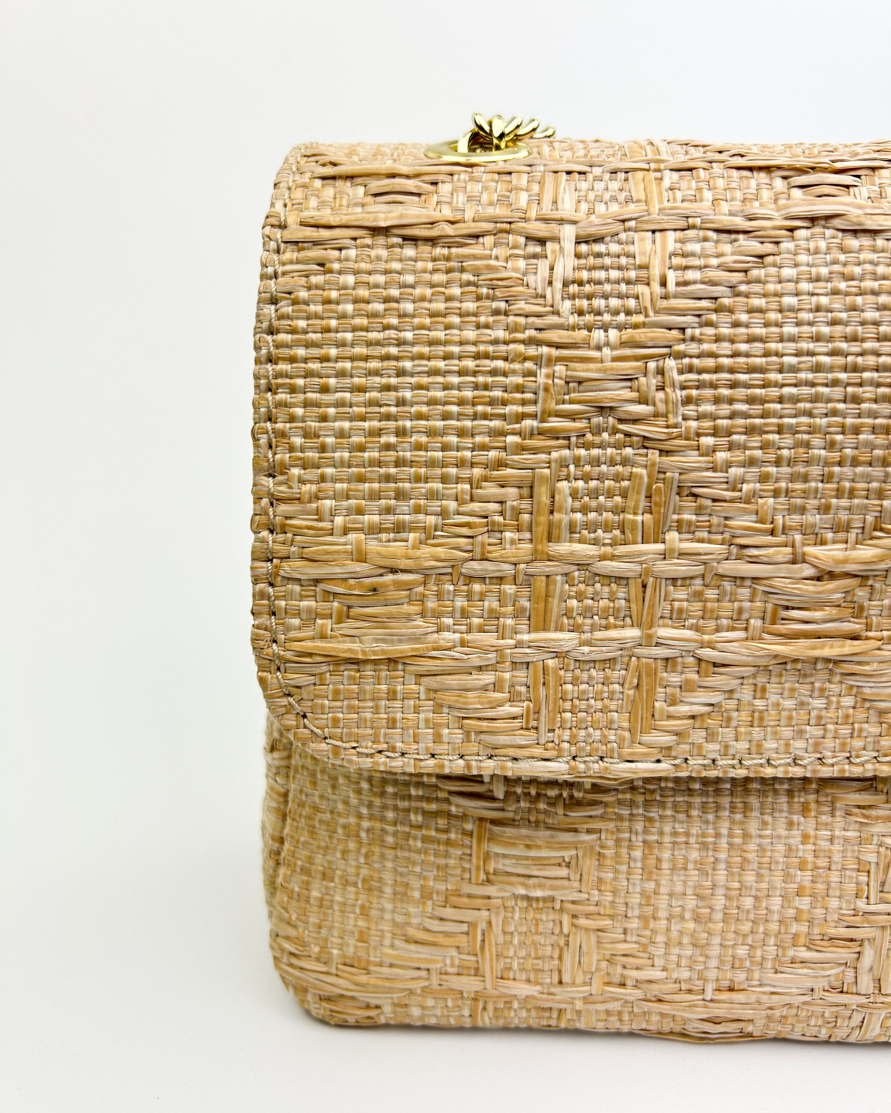 Close-up of gold chain and leather strap on Emma raffia shoulder bag