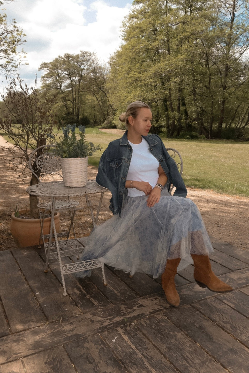 Sky Blue Porcelain Print Tulle Skirt