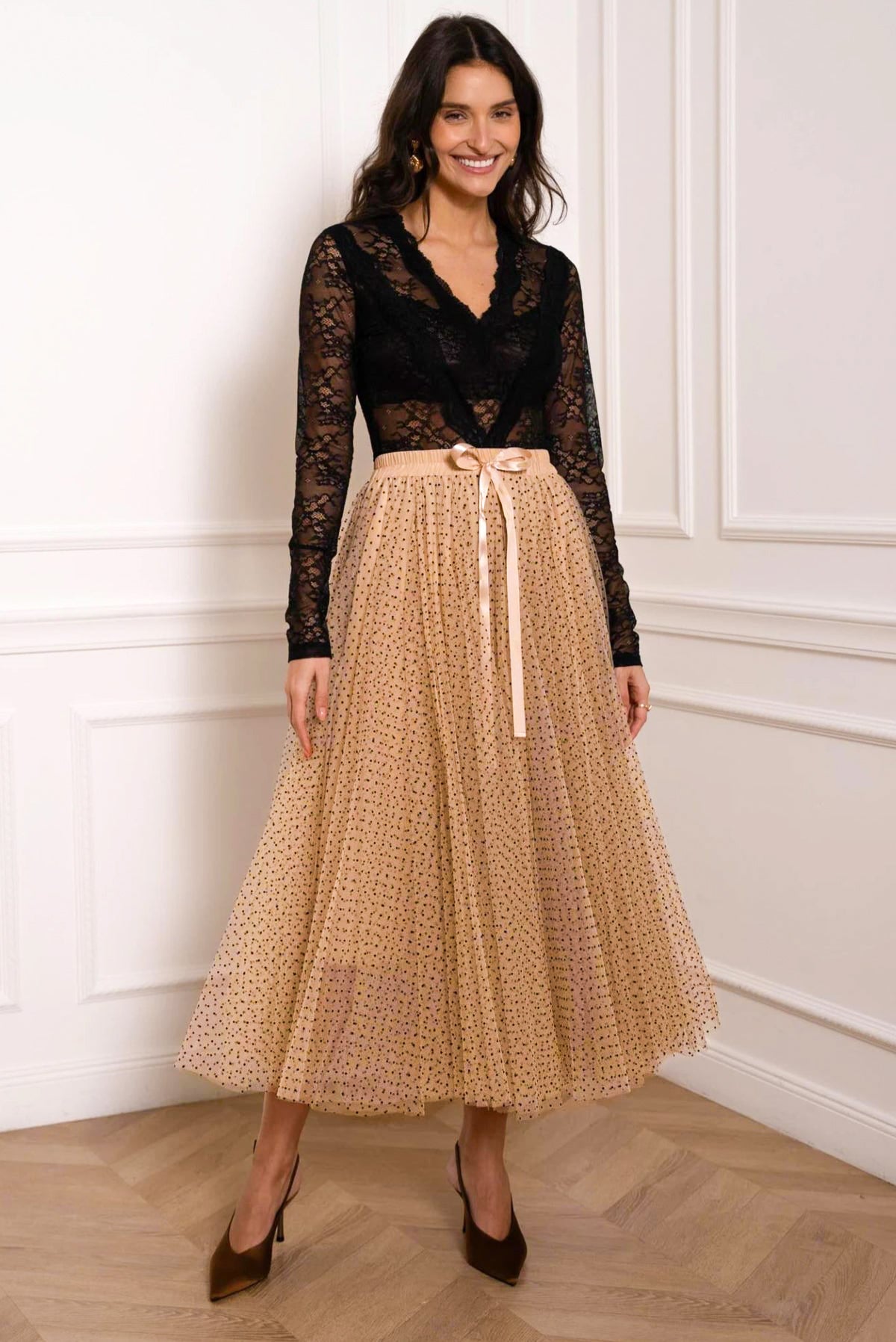 Beige Polka Dot Tulle Skirt