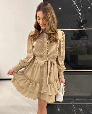 pearl embroidered beige dress