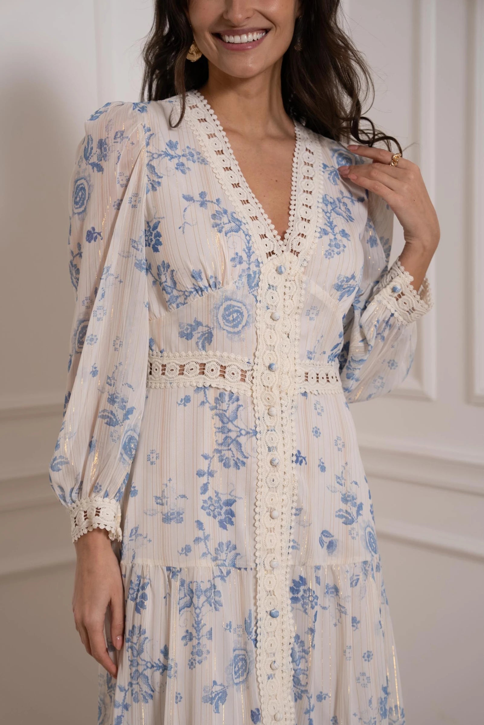 flowy floral summer dress with light blue print