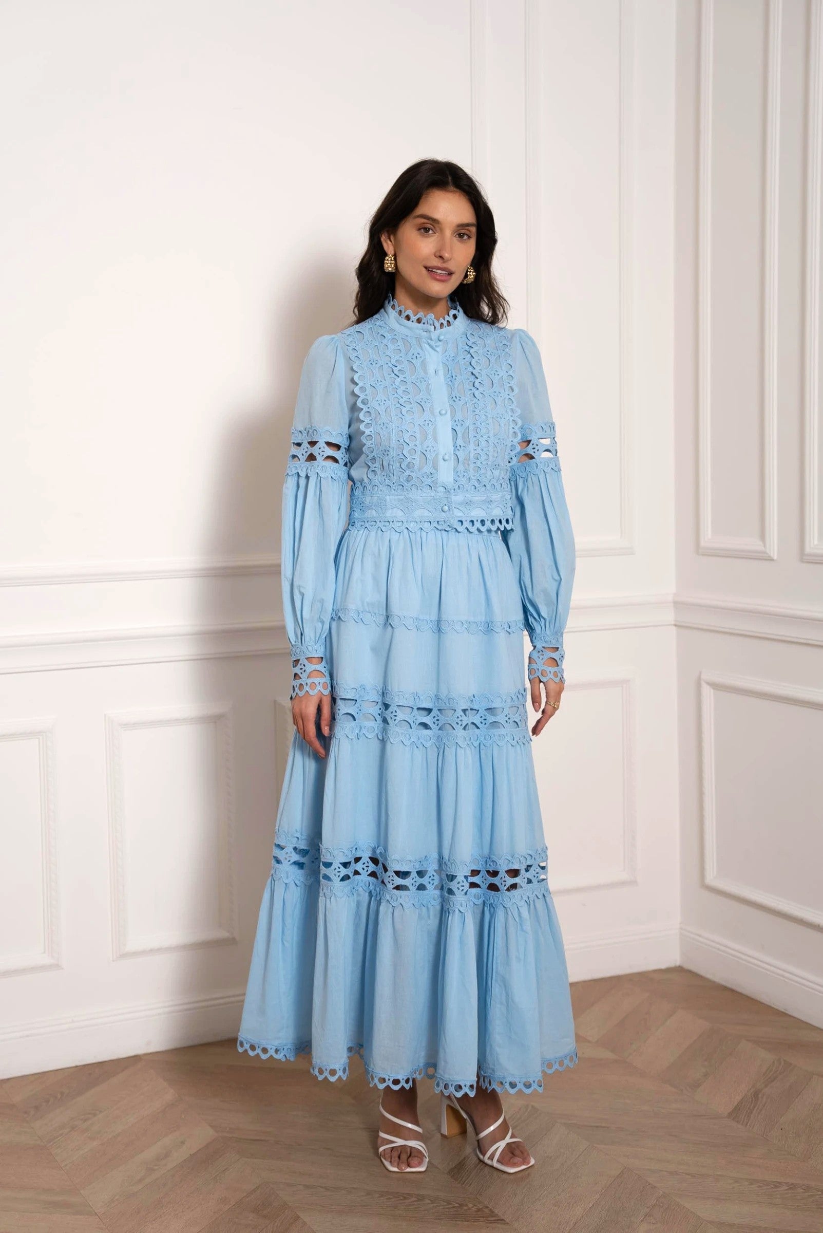 matching crop blouse and long tiered skirt in light blue