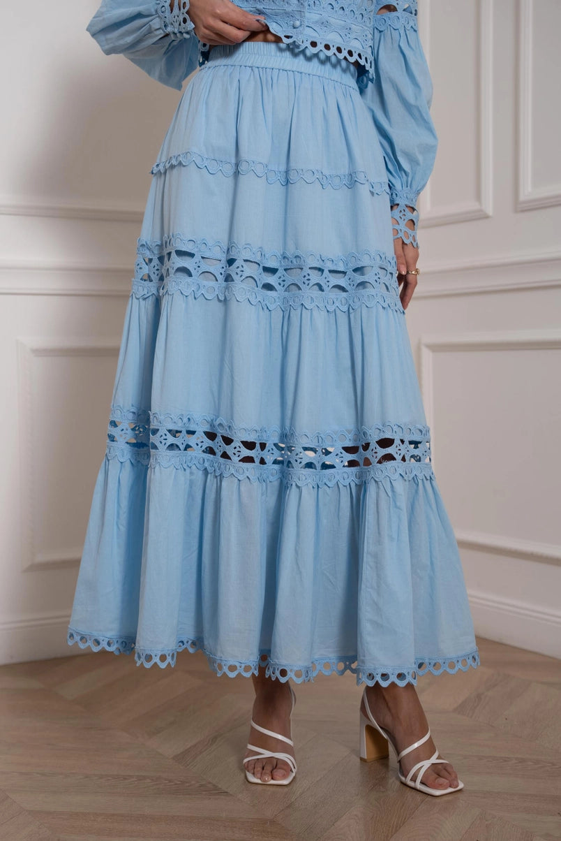 sky blue co-ord set with button-up shirt and lace skirt