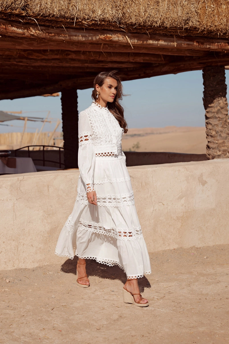 boho cotton matching set in white with embroidered cut-outs