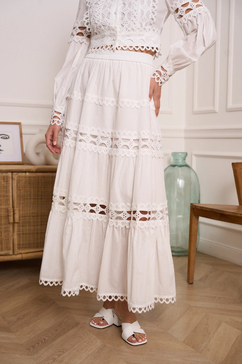 summer white co-ord with button-up top and maxi skirt