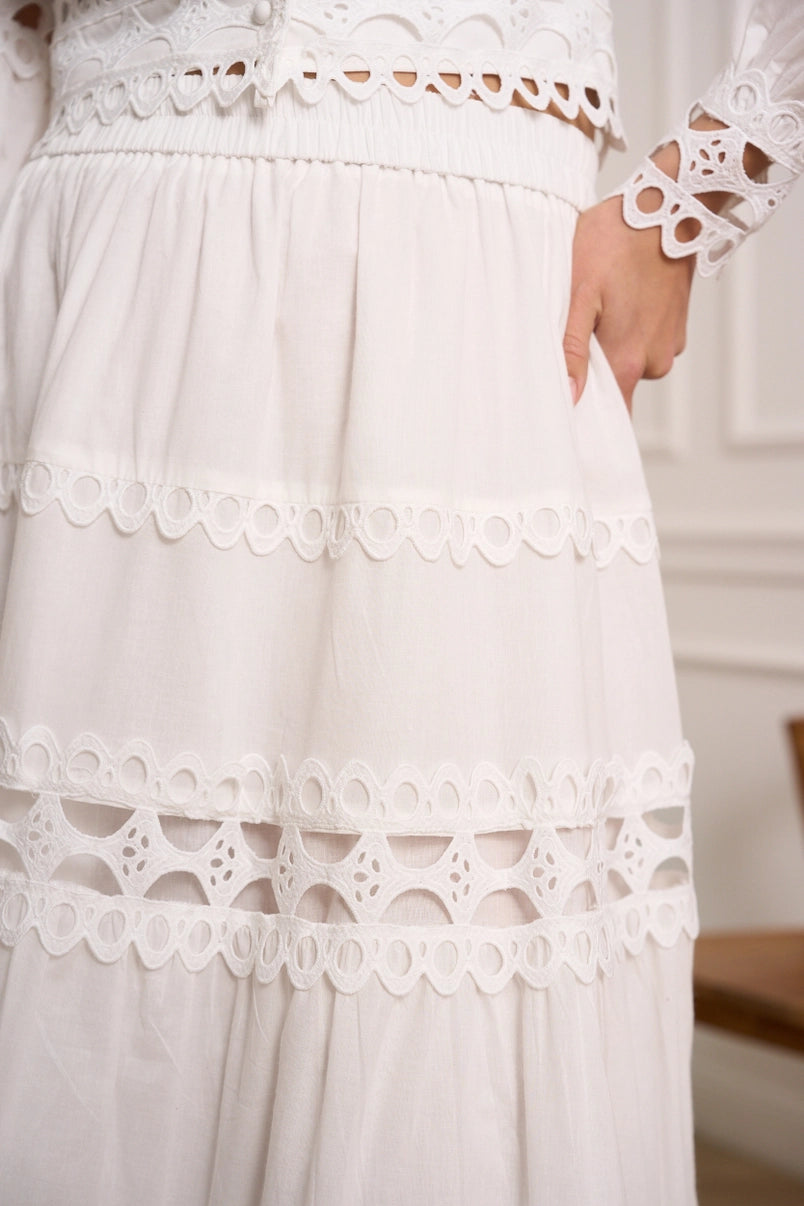 elegant lace-trimmed cotton outfit for warm weather
