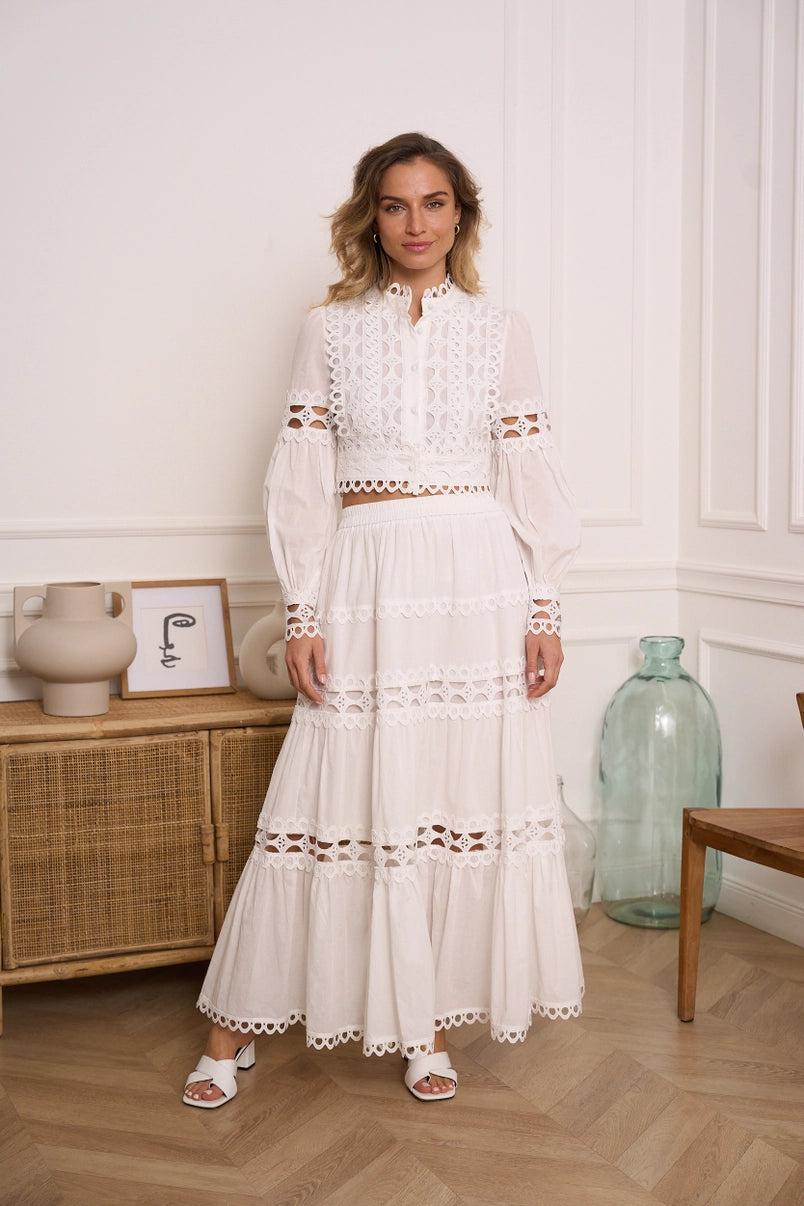 white 2-piece skirt and crop blouse set for women