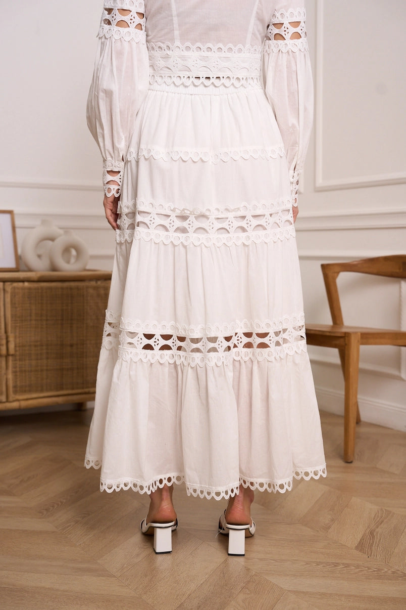 model in eyelet embroidered white cotton co-ord for summer