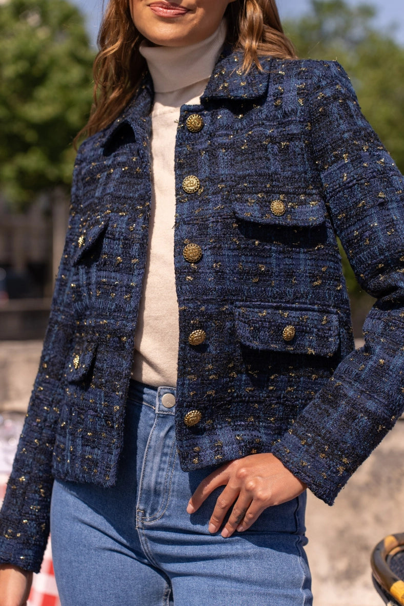 navy blue blazer with gold buttons
