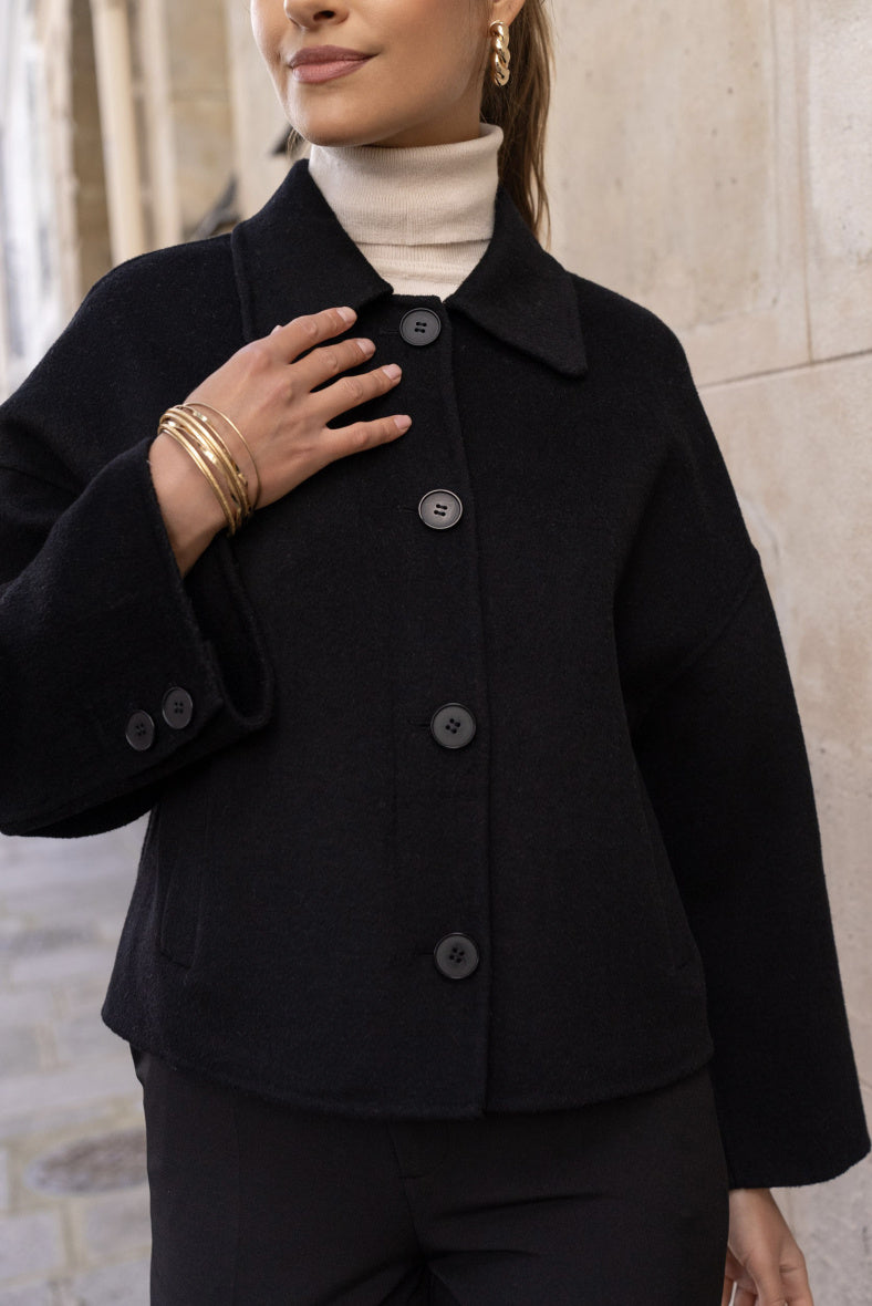 Close-up of black wool blend fabric and contrasting button details.