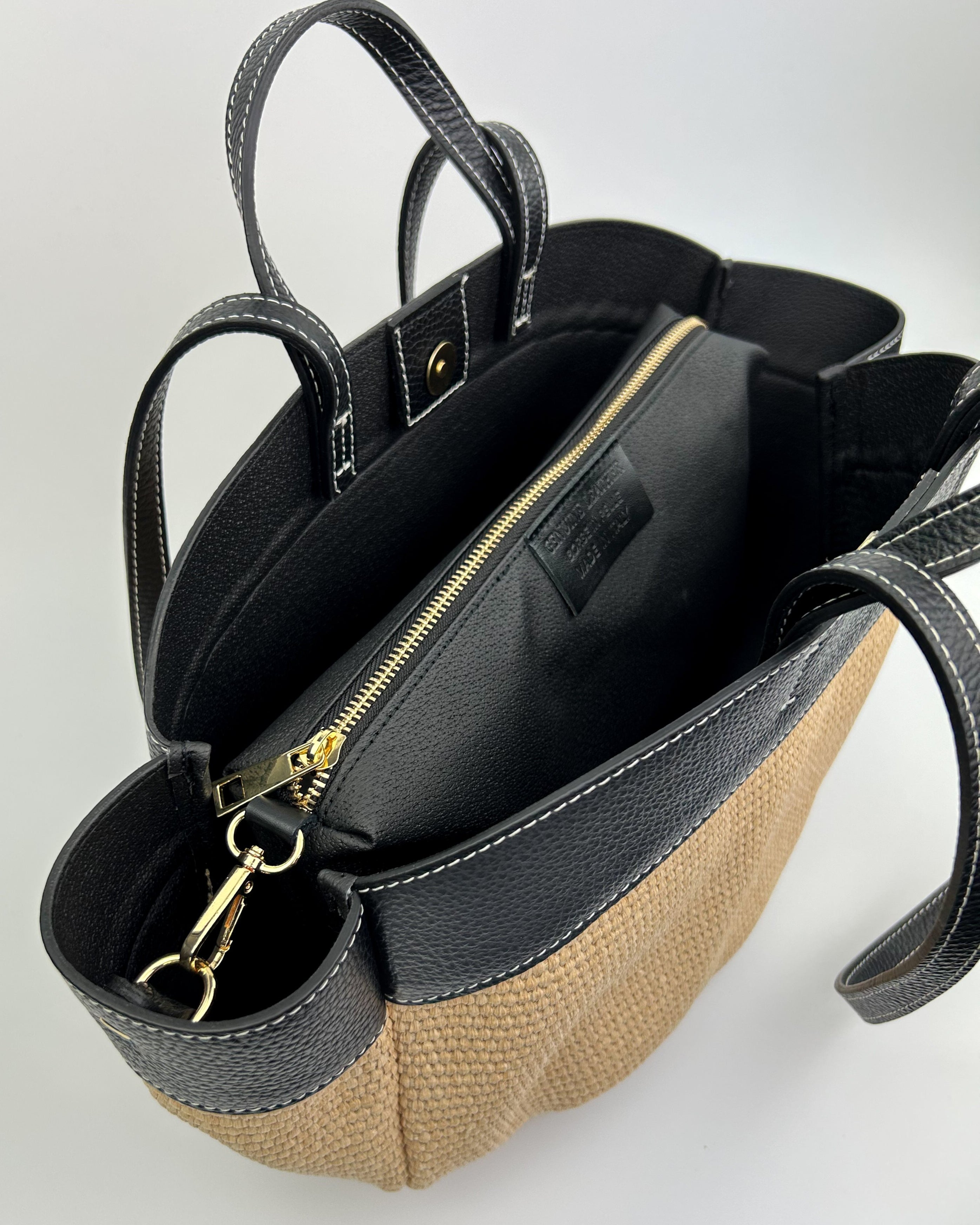 Inside view of Lucia leather and raffia tote bag