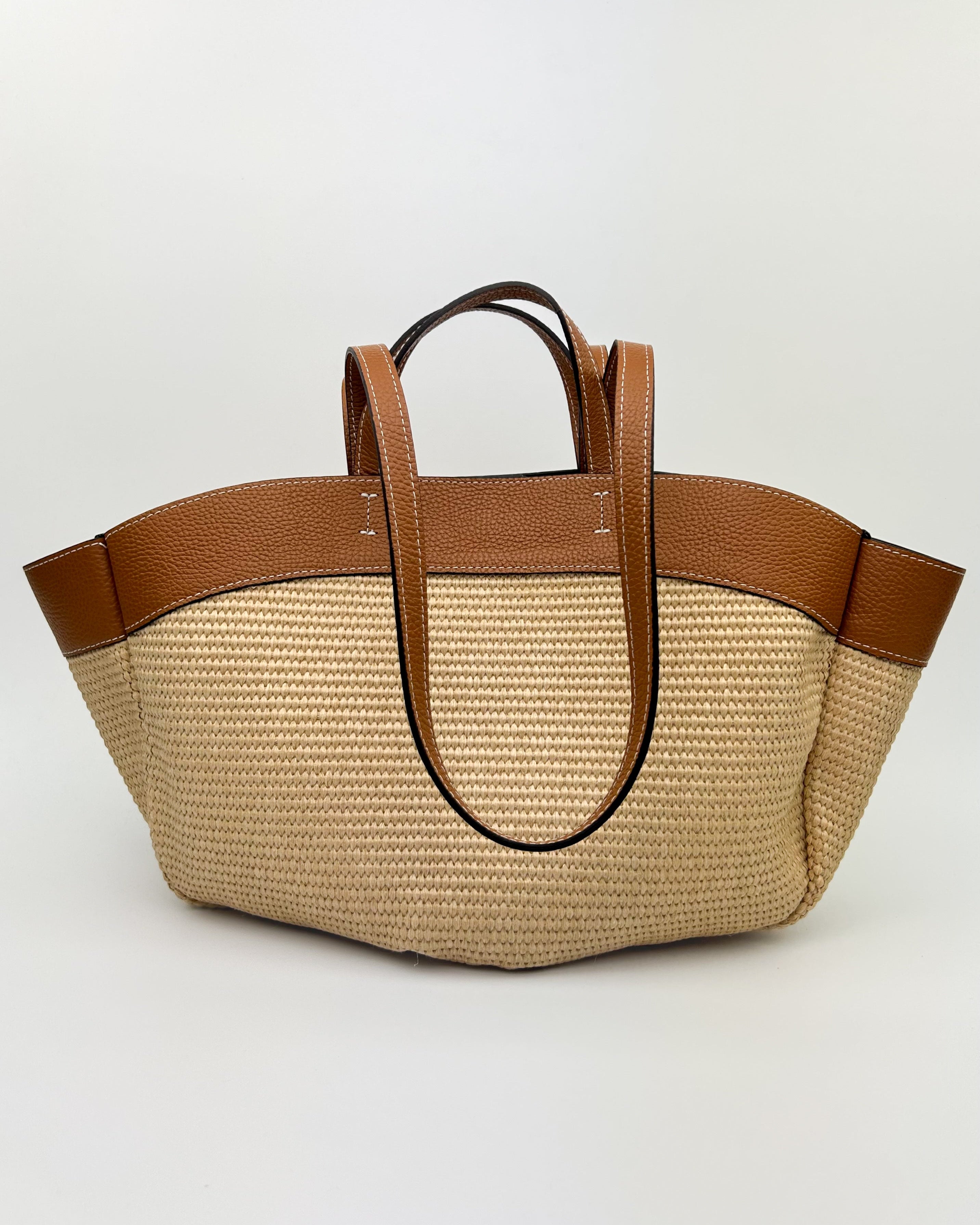 Raffia tote bag with leather trim