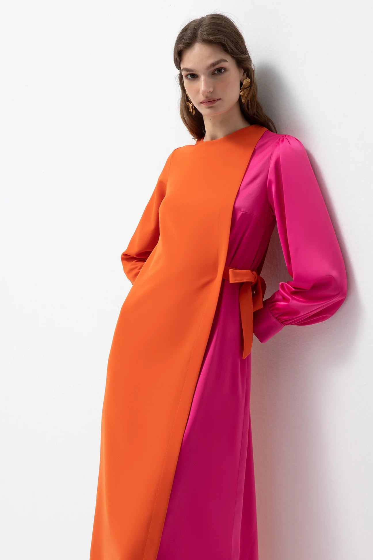Pink and orange colour block maxi dress with long sleeves