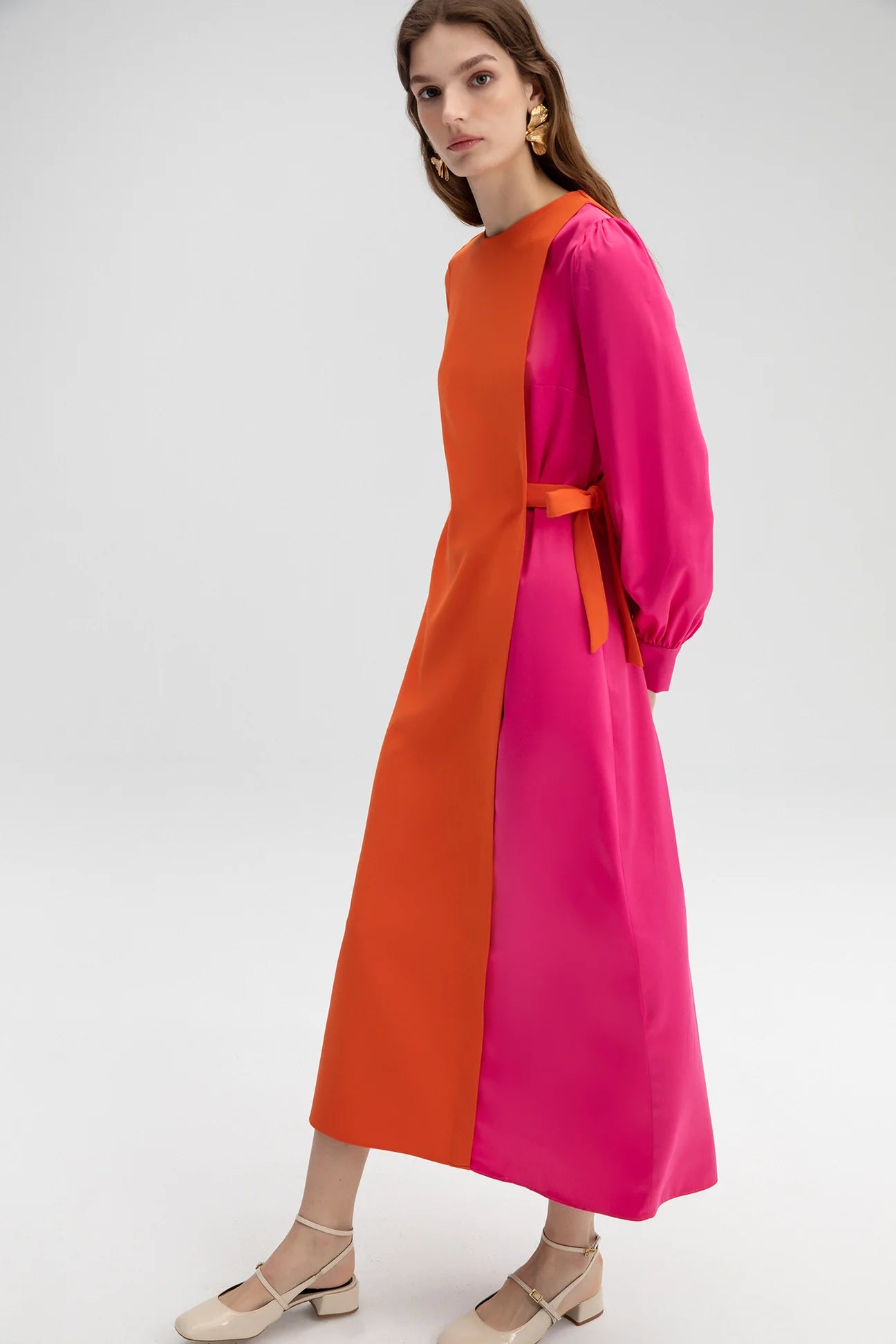 Bright pink and orange maxi dress with asymmetric overlay