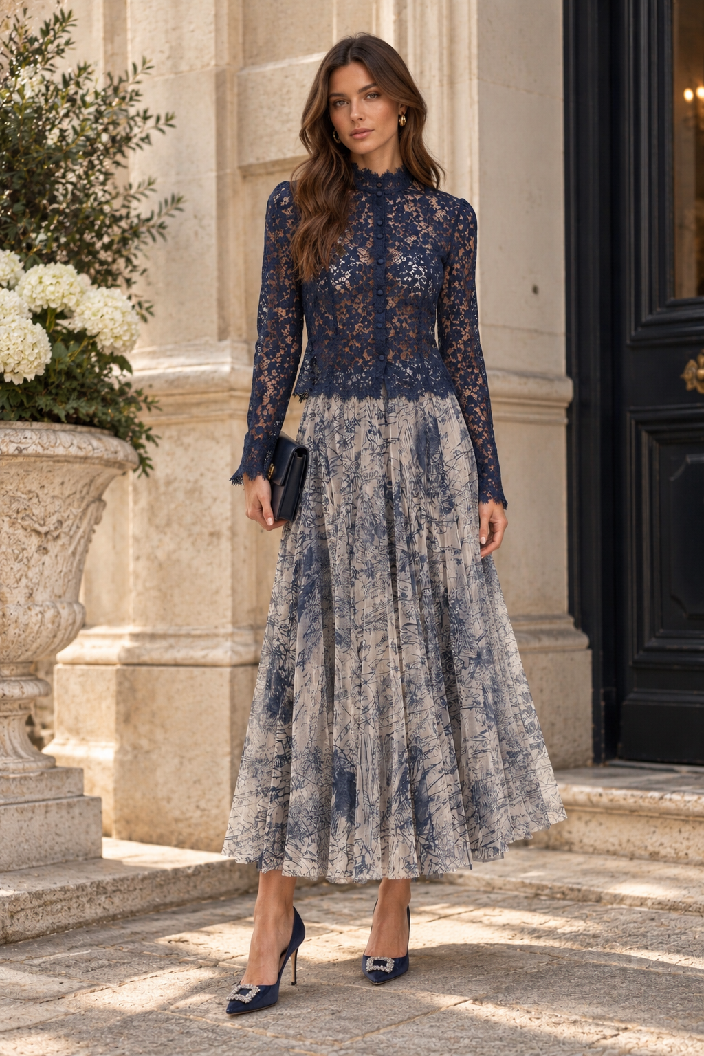 Navy blue lace high-neck blouse with long sleeves and tonal front buttons