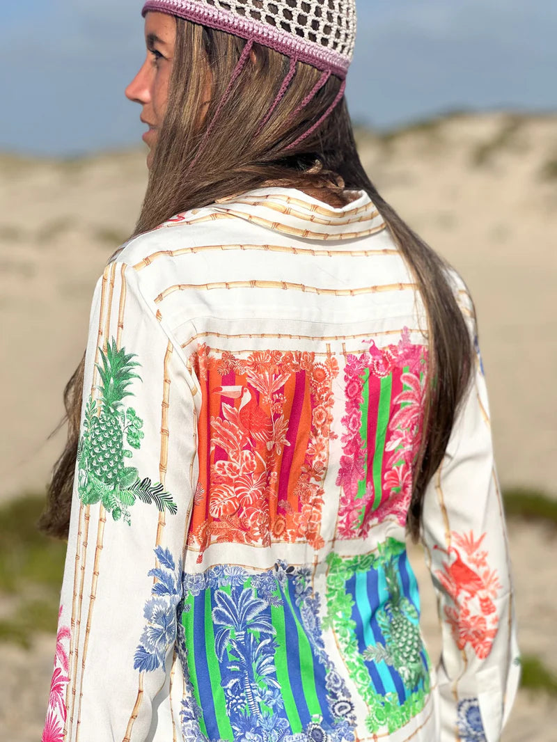 Vilagallo Tencel shirt back view - bamboo and tropical print blouse