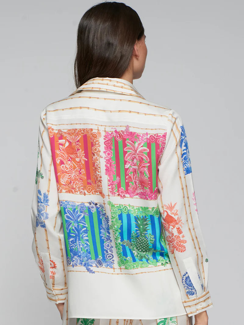 Vilagallo colorful tropical bamboo print detail - pink green blue floral motifs on ivory shirt