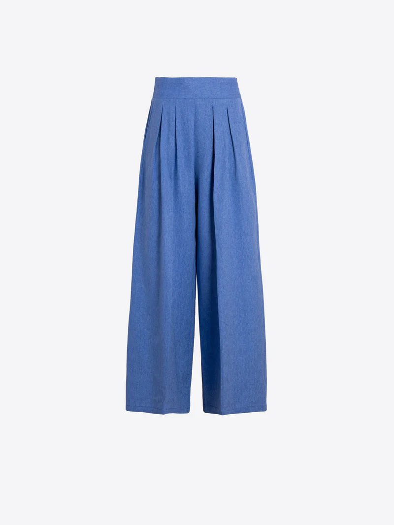 Vilagallo herringbone trousers waistband and pleat detail - light blue linen pants