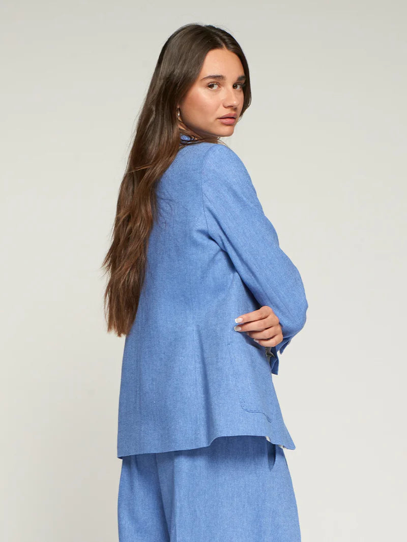 Vilagallo light blue linen blazer back view - herringbone pattern detail