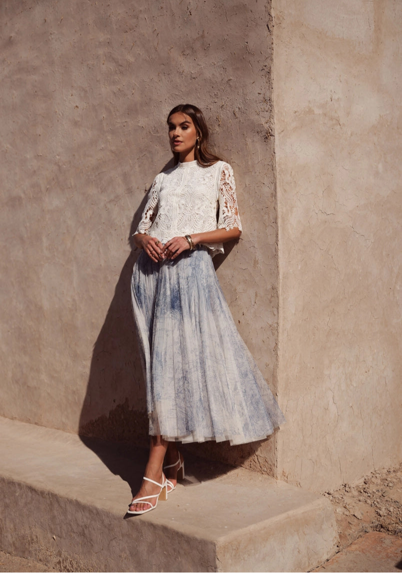 Sky Blue Porcelain Print Tulle Skirt