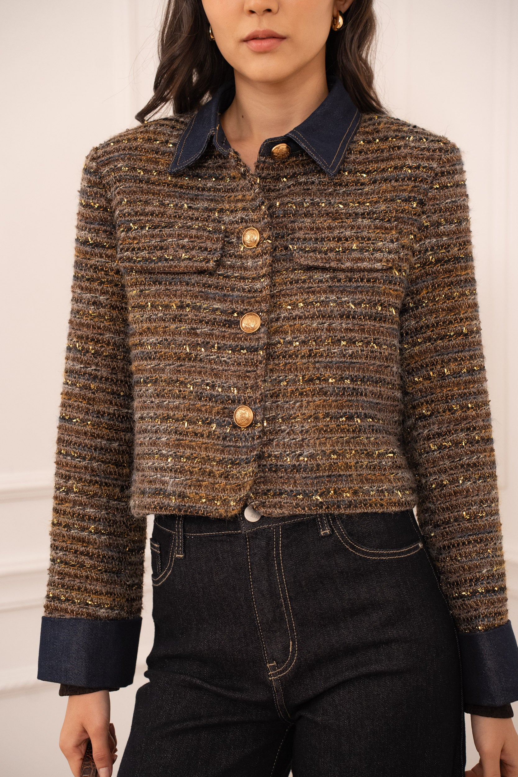 Brown bouclé cropped blazer with contrast navy cuffs - women's designer jacket