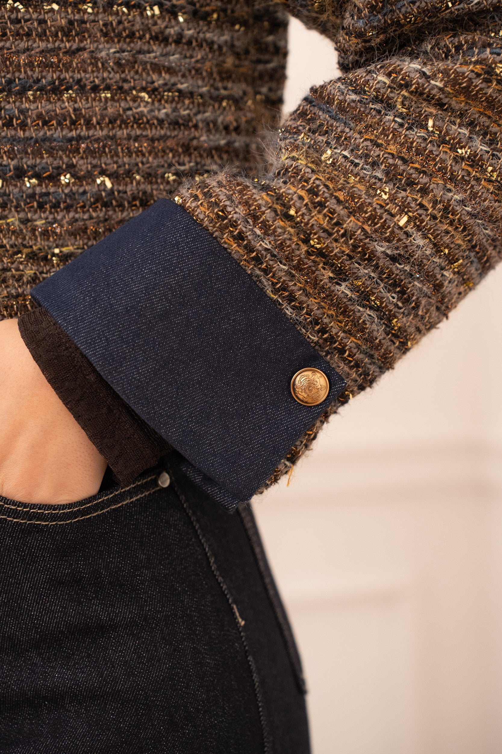 Brown tweed blazer back view showing tailored fit and structured shoulders