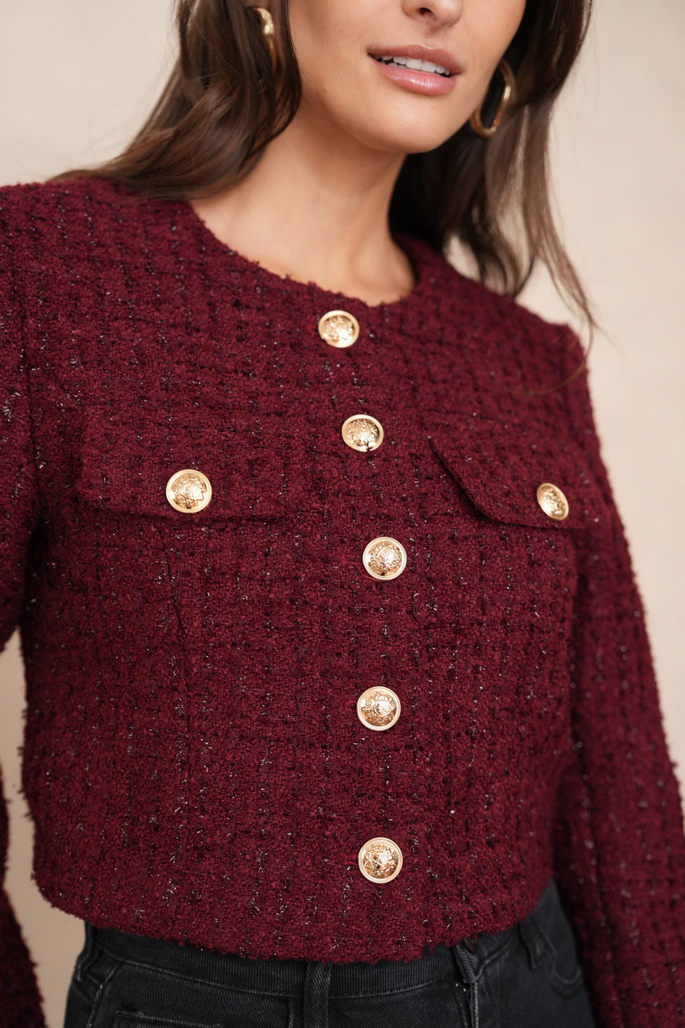 Wine bouclé cropped blazer with metallic shimmer - burgundy textured tweed jacket