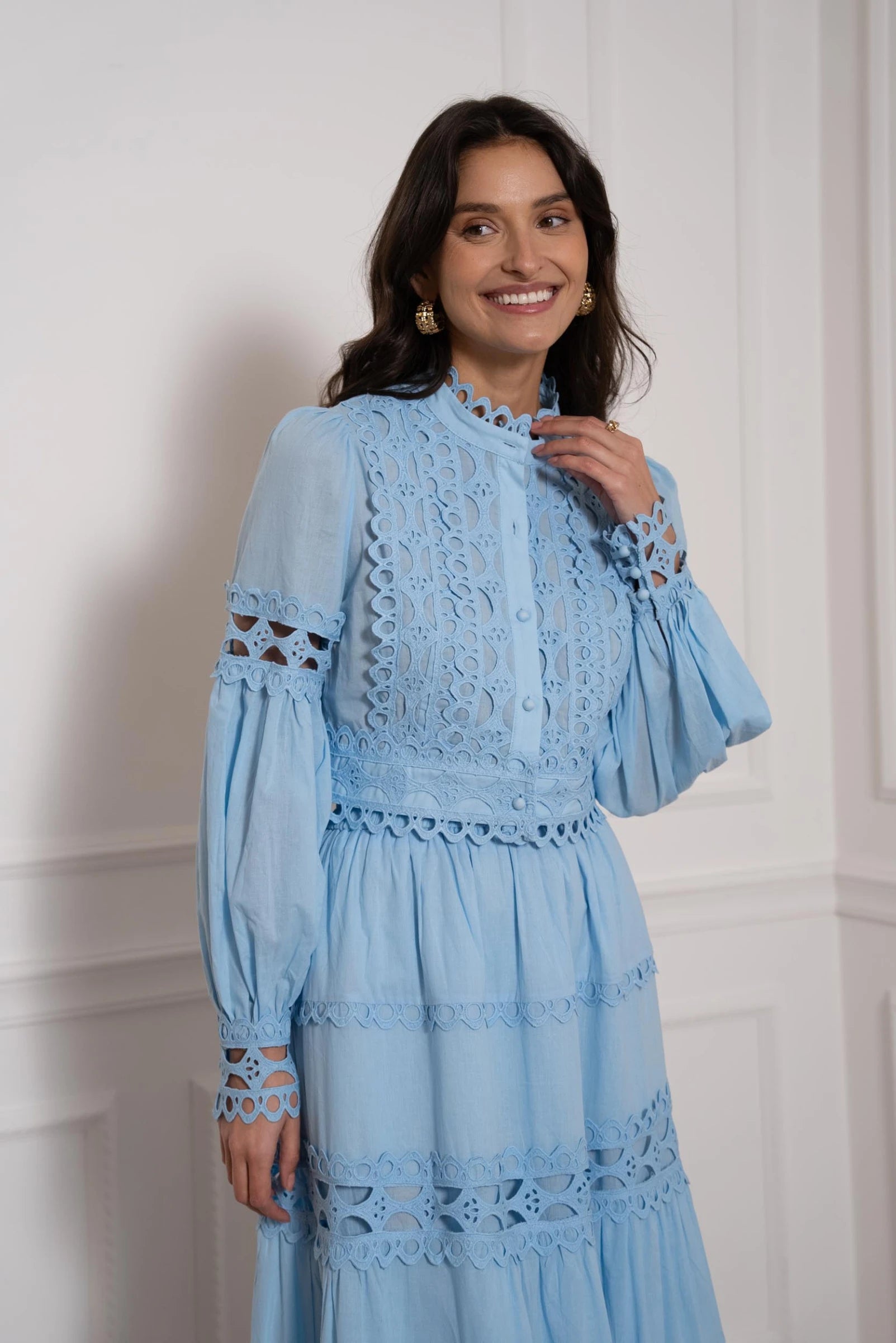 Isla Blue Co-ord Set – Openwork Cotton Crop Top & Maxi Skirt