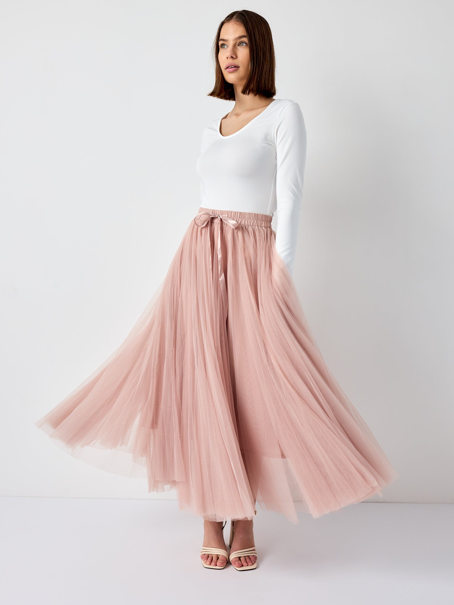 Blush pink tulle midi skirt with elasticated waist — Sienna Alexander London