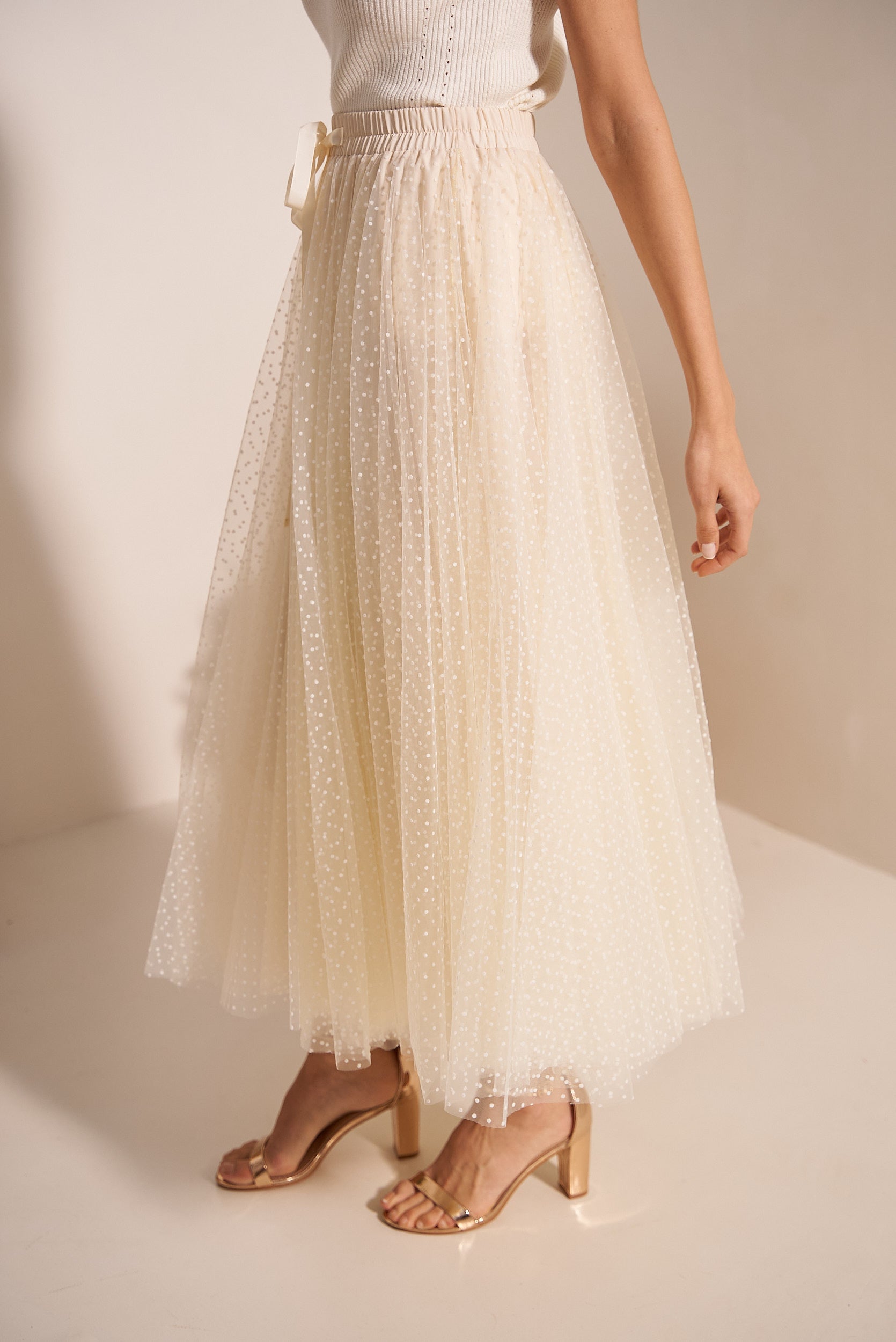 Ivory tulle skirt with polka dot pattern - layered midi length skirt for women