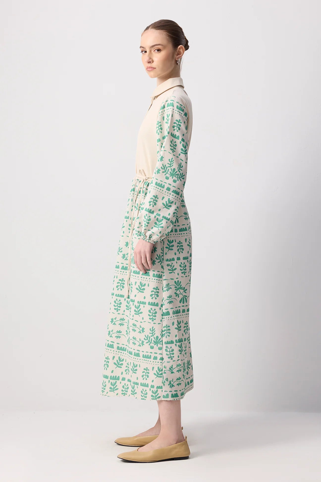 Long sleeve button-down floral shirt dress in cream and green print