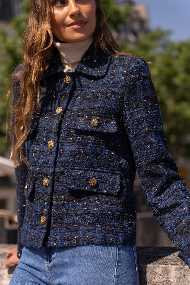 women's blue tweed blazer gold buttons