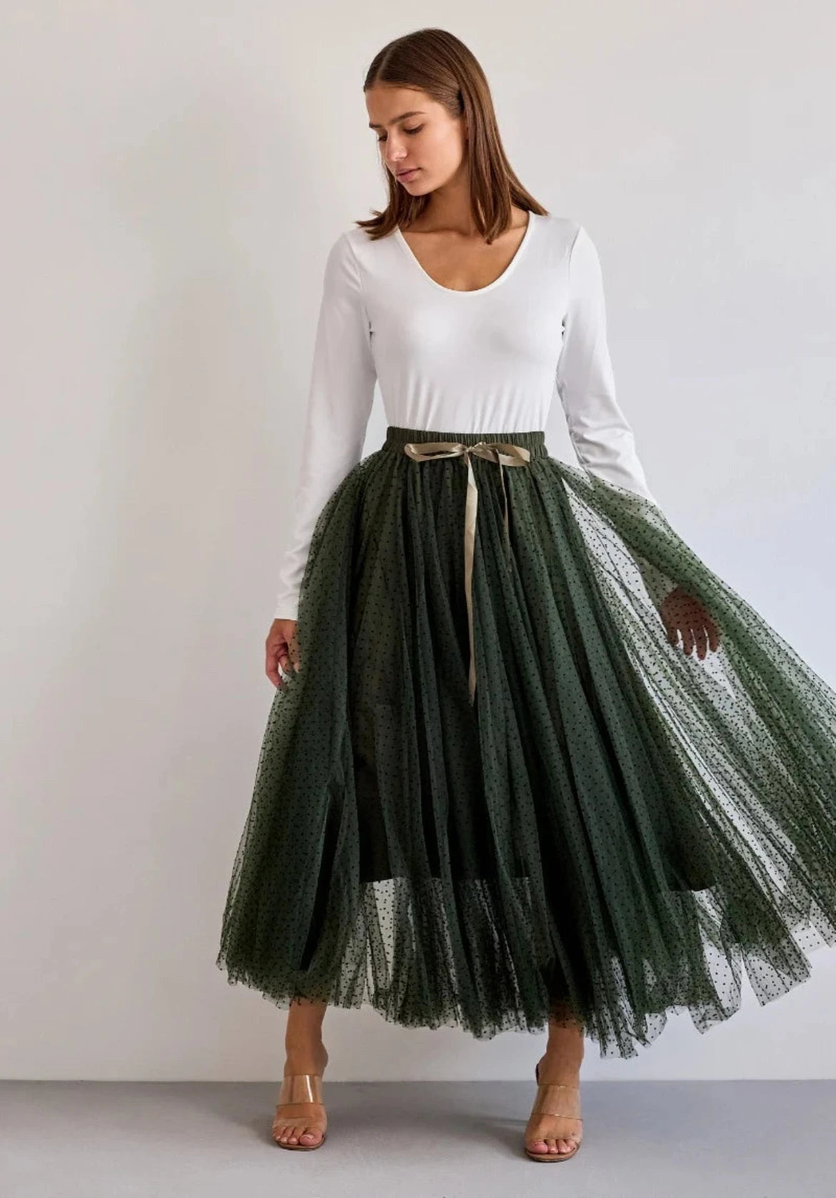 khaki tulle skirt with dots