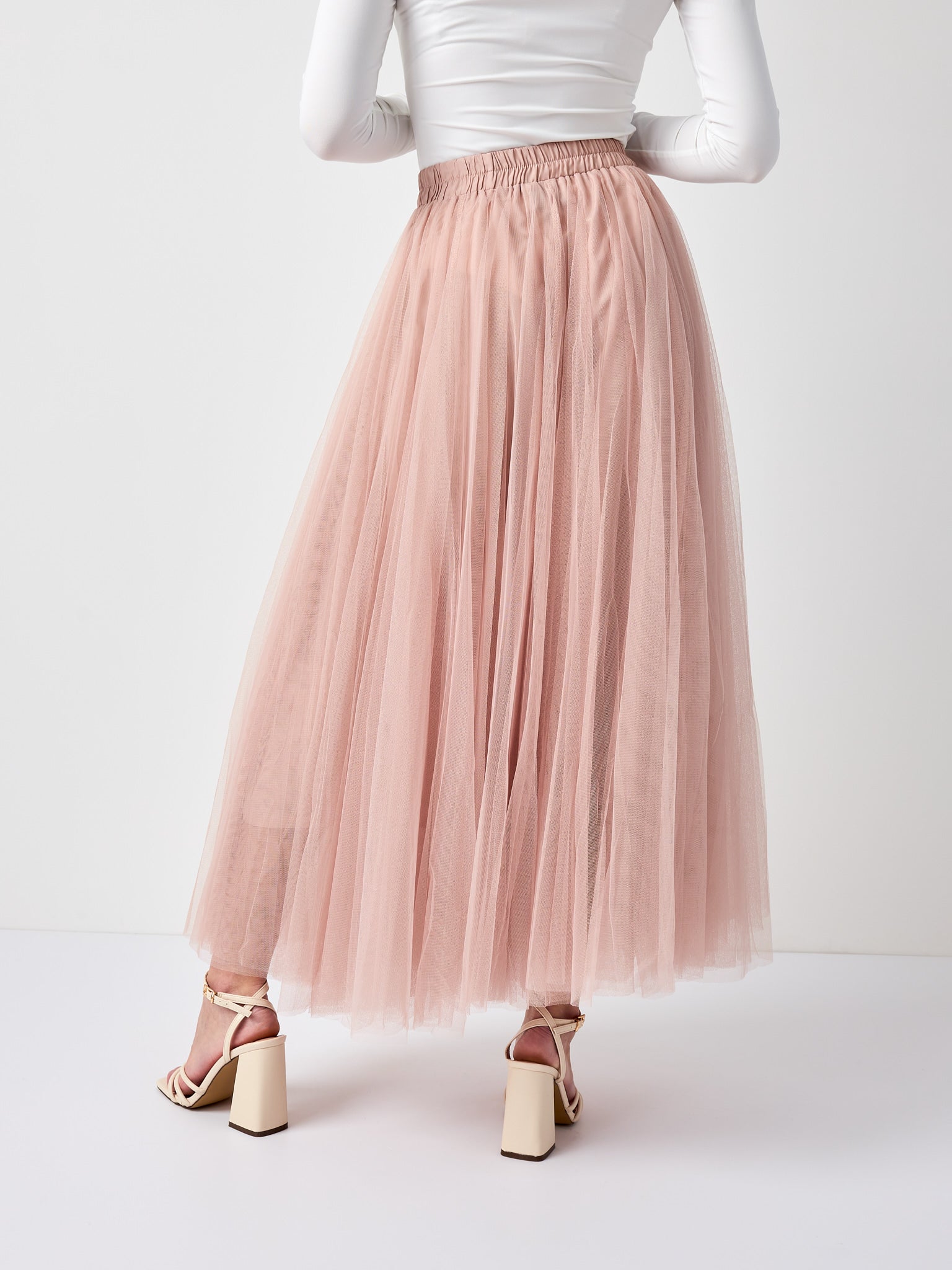 Blush tulle skirt full length view — wedding guest outfit