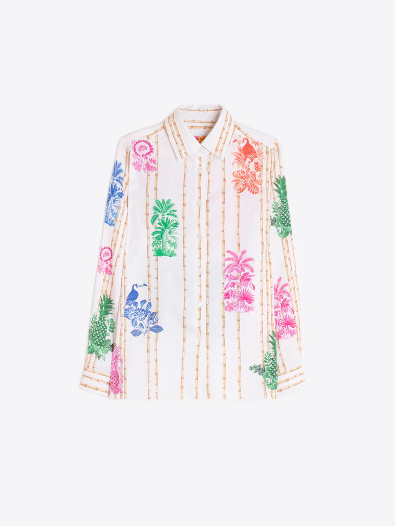 White shirt with colorful floral patterns on a white background